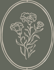 Decorative line drawing of flowers in an oval frame on green background